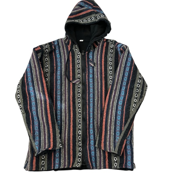 Striped Cotton Baja Zip Up Hoodie Boho Southwest Unisex Jacket Size: Medium - Picture 4 of 7